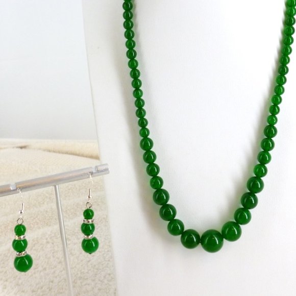 Set Necklace & Earrings Jade Green Glass Beads 925 w/Crystals NWOT Perfect - Picture 5 of 5